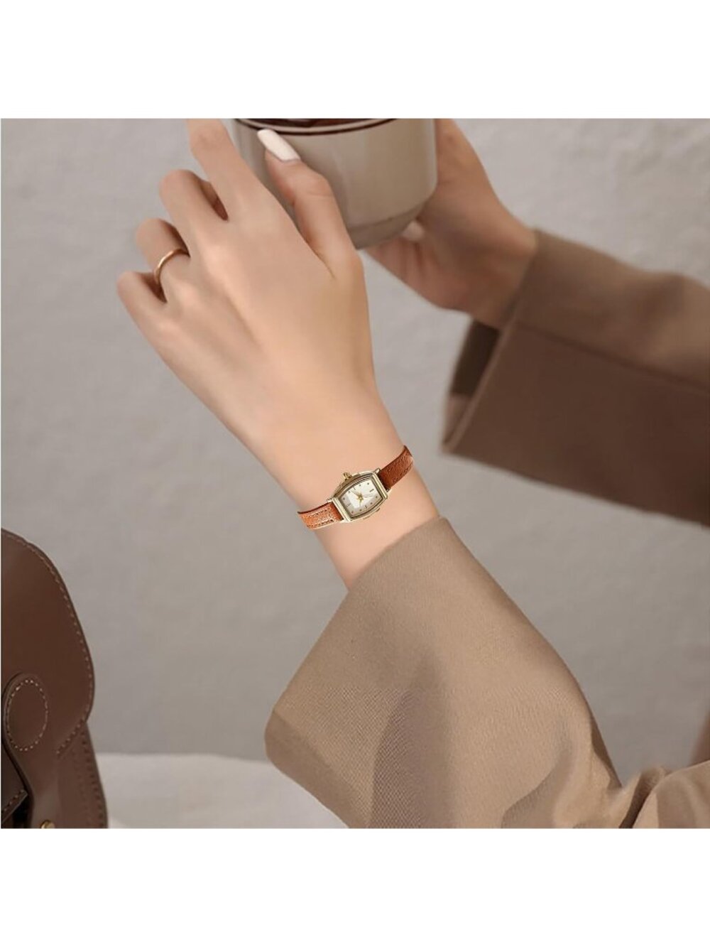 Women's Brown Gold White Vintage Retro Elegant Rectangular Case Wrist Watch - Picture 5 of 7